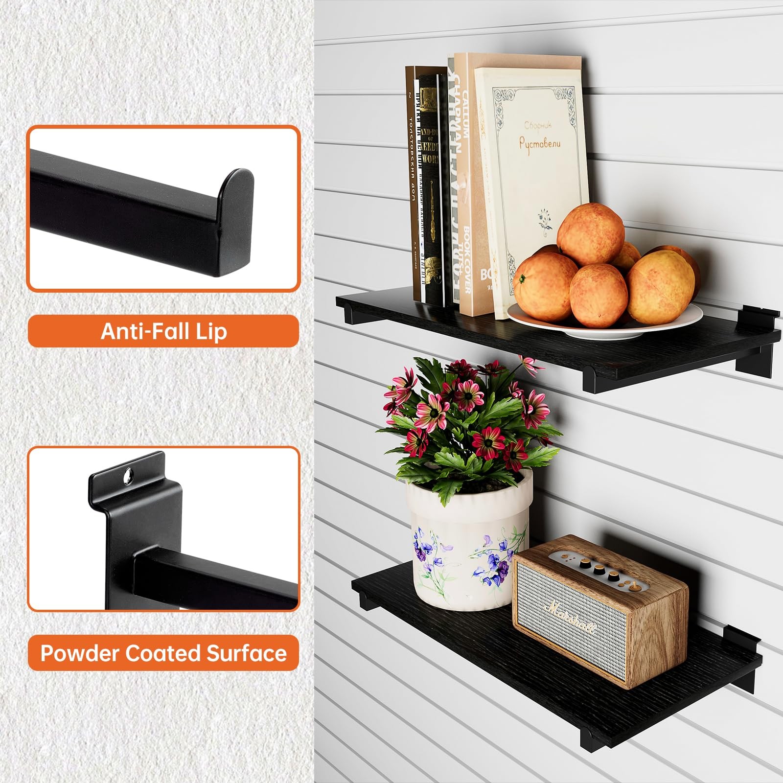 Wood Slatwall Shelves, Slat Wall Shelf 24”x12”, Black
