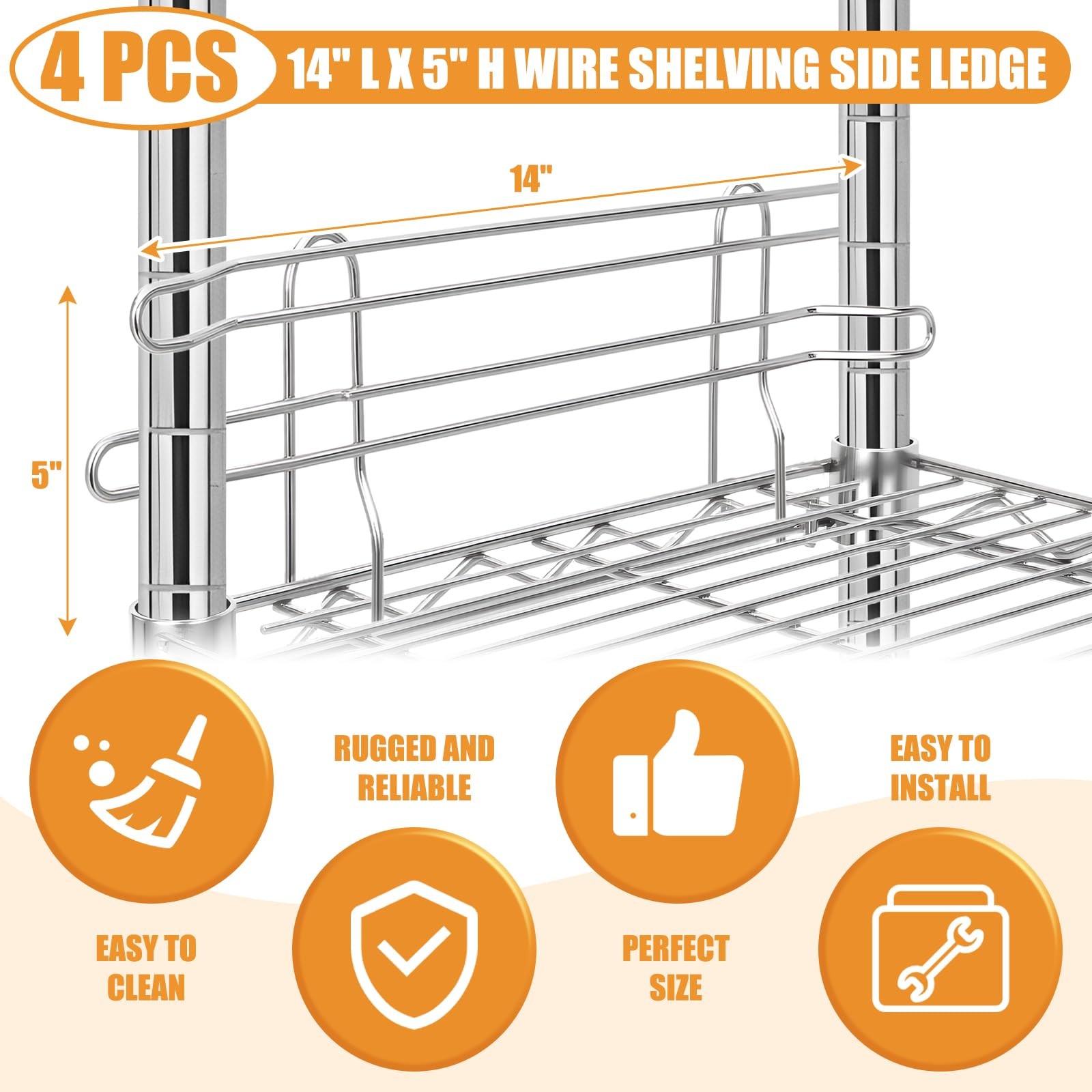 MorningRo 4 Pcs Chrome Wire Shelf Ledge 14″ L x 5″ H L X H, Silver