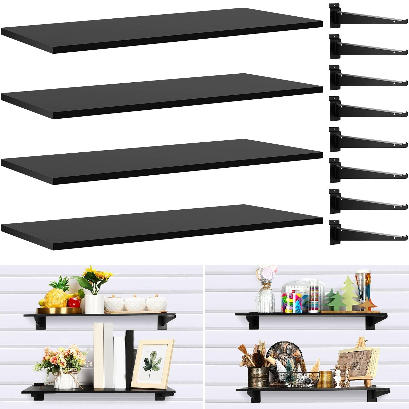 Barydat 4 Set Classic Black Slatwall Shelves with Metal Brackets, 4 Shelf Sla…