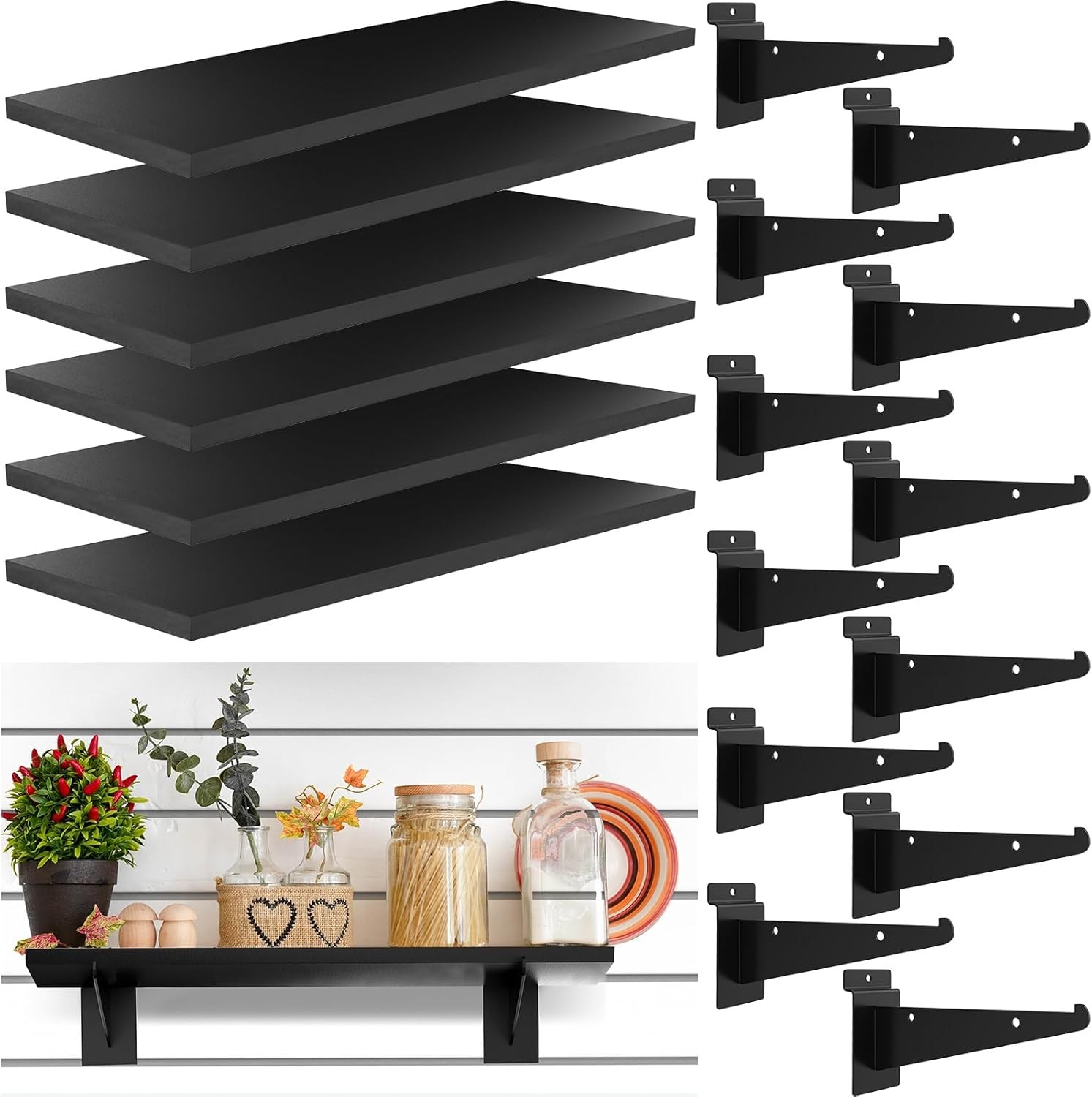 6 Pack Wooden Slatwall Shelf, 15.7″ x 6″ Slat Wall Shelves with Metal Bracket…