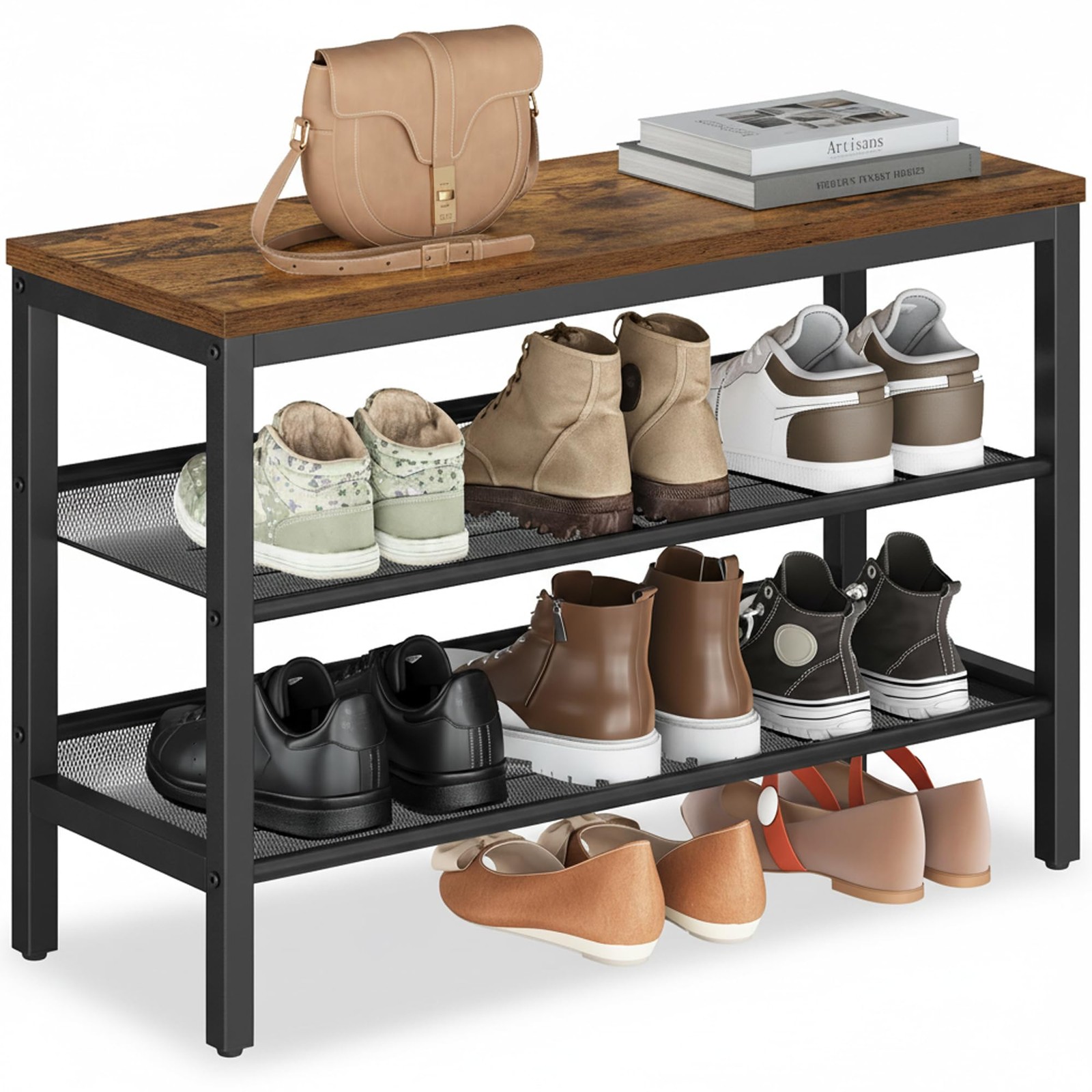 VASAGLE 3 Tier Shoe Rack Bench, One Piece 29.5″W, Rustic Brown + Matte Black