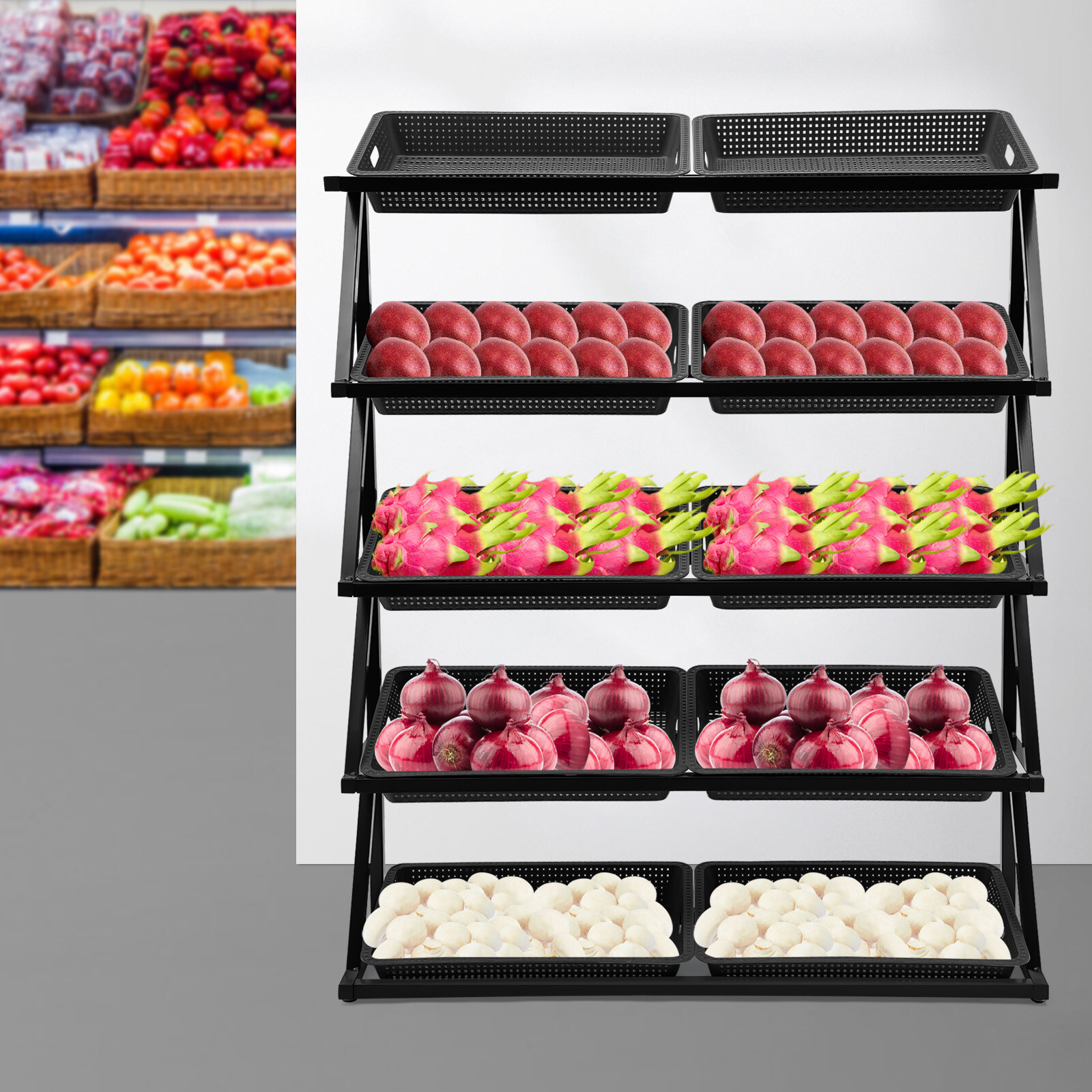5-Tier Market Shelf with Plastic Baskets for Fruits, Vegetables, and More