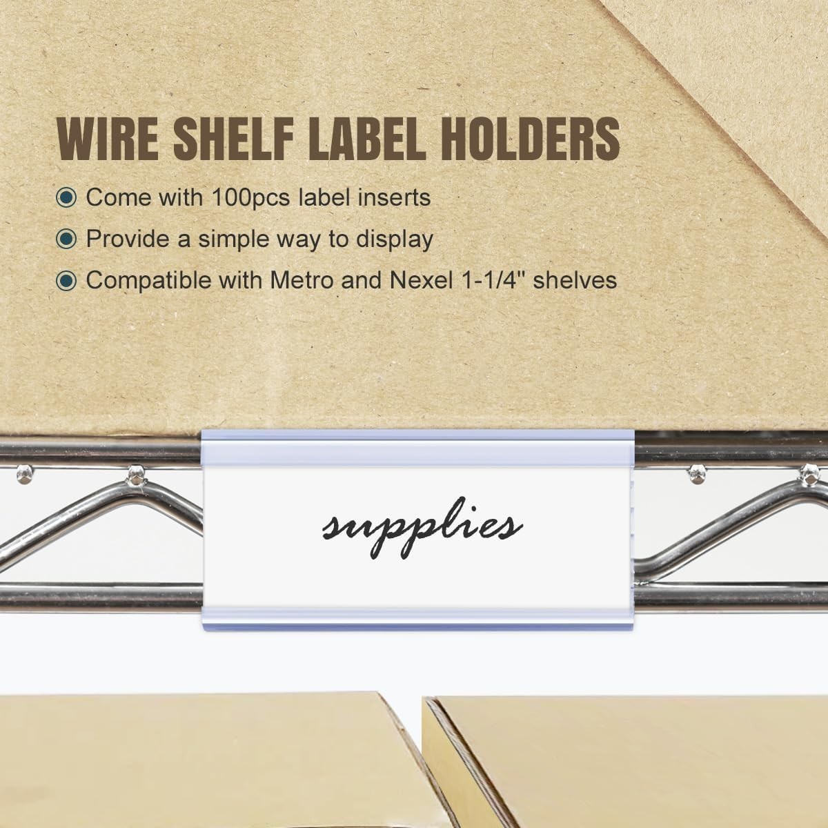100 Pack Wire Shelf Label Holders with 100 Label Paper Inserts for Organization
