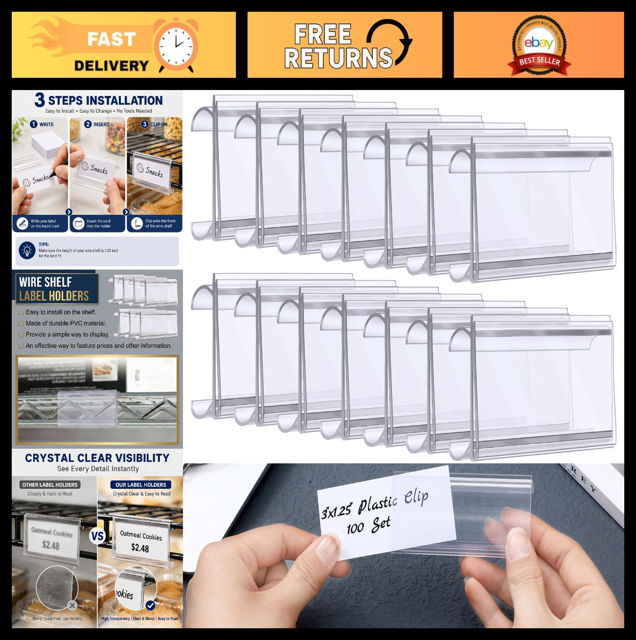 100 Pcs Wire Shelf Label Holders with Inserts for 1.25″ Shelves – Rack Labels Cl