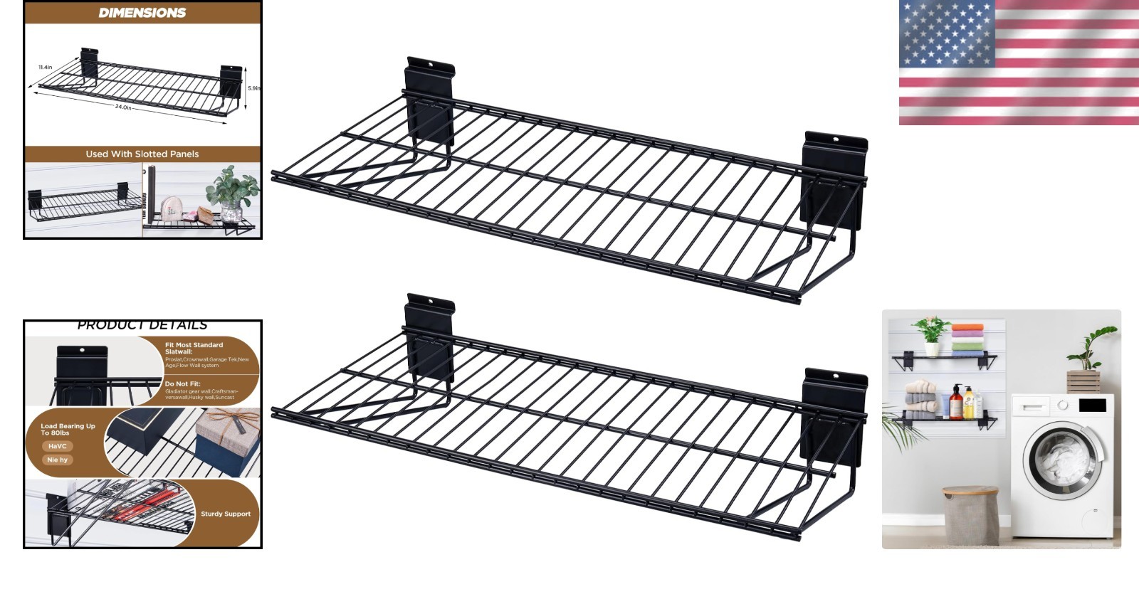 Sturdy 24-Inch Black Slat Wall Accessories – Easy Mount Shelving – 2 Piece Set