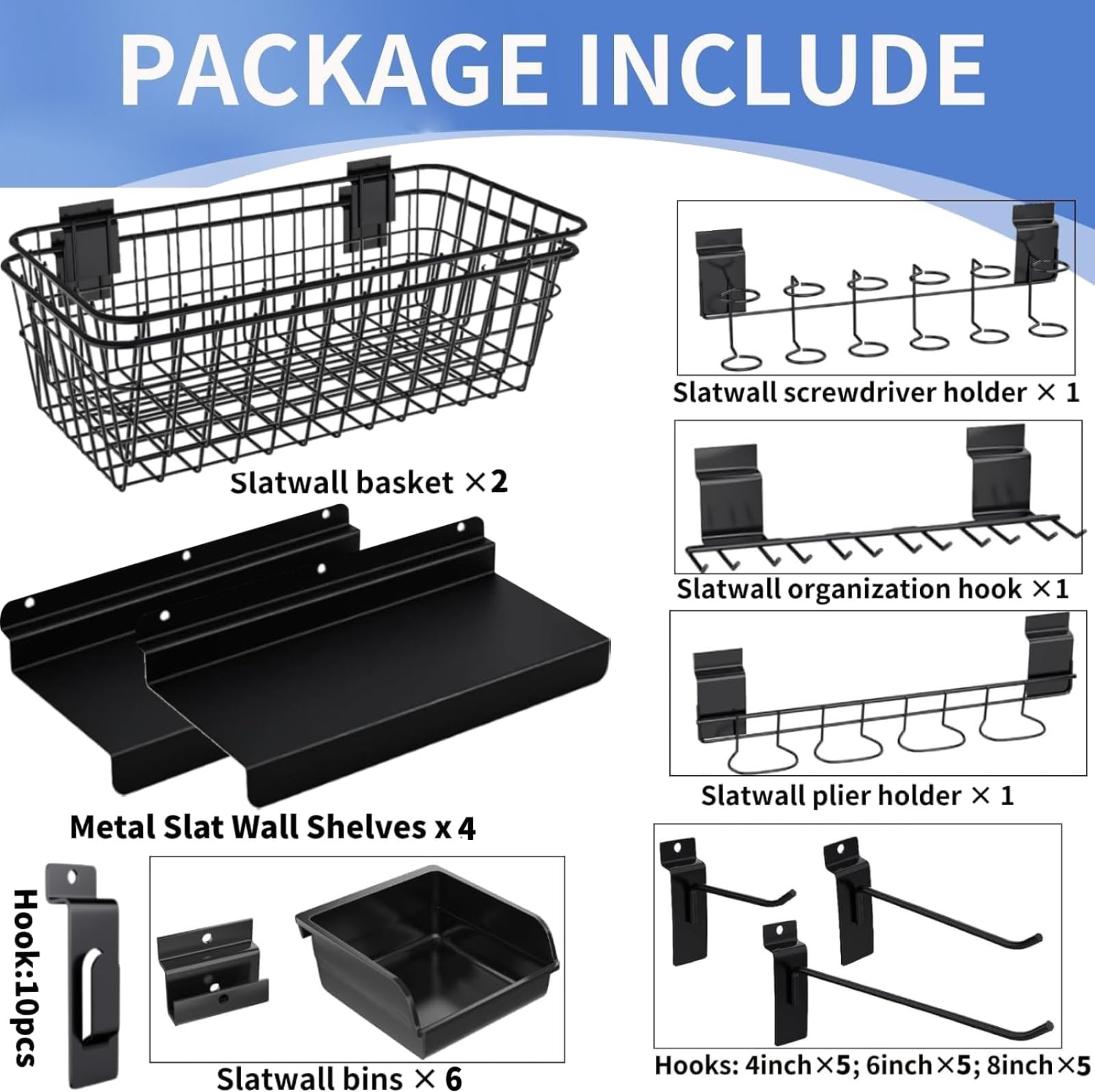 40-Piece Slatwall Organizer Kit – Includes Hooks, Shelves, Baskets, Bins, Screwd