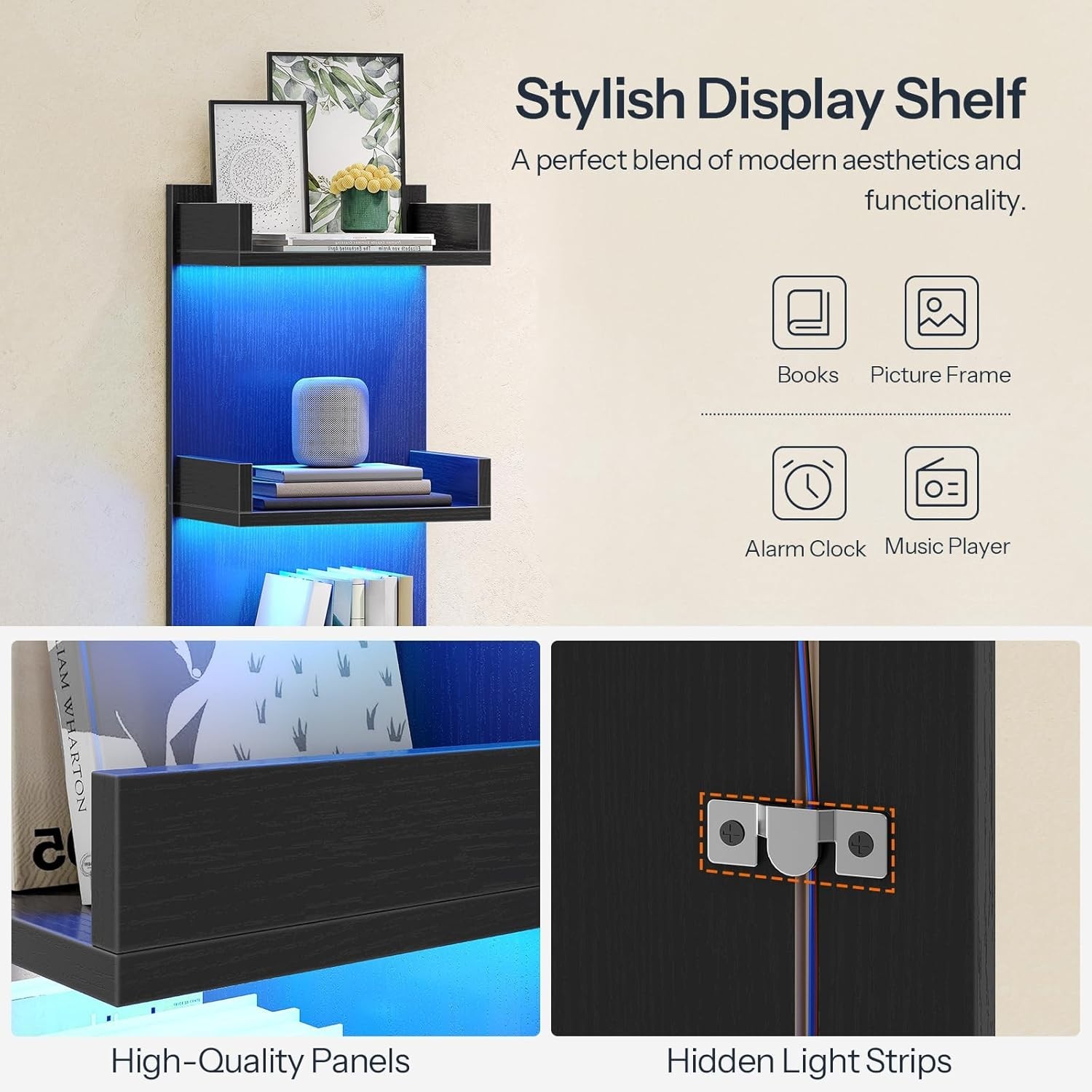 Floating Wall Shelves with LED Lights, 4-Tier Floating Shelf Wall Mounted for…