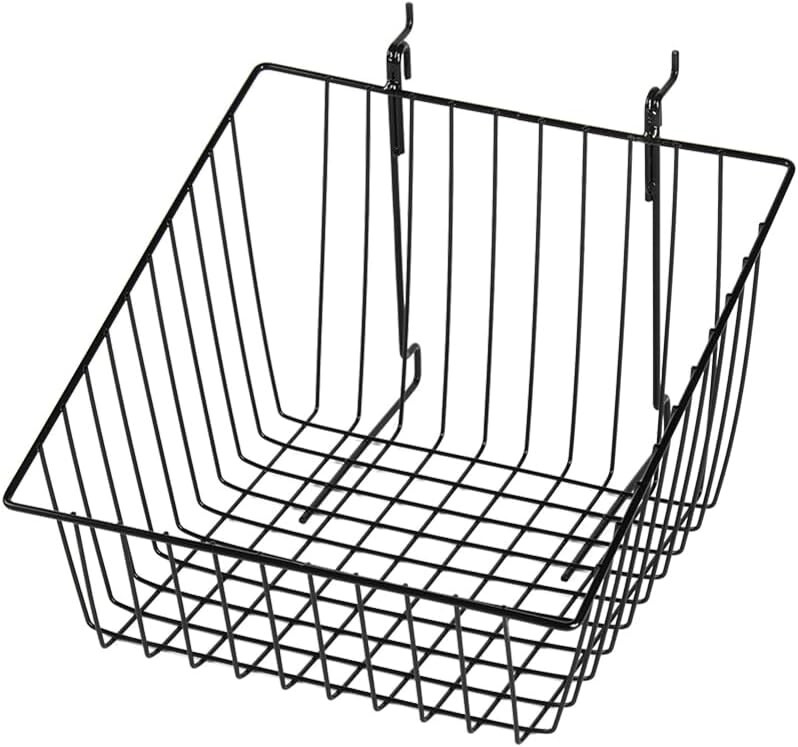 Lot of 6 Slatwall & Wire Grid Slant Baskets Black Slat Wall 12″ x 12 x 8″ – 4″ H