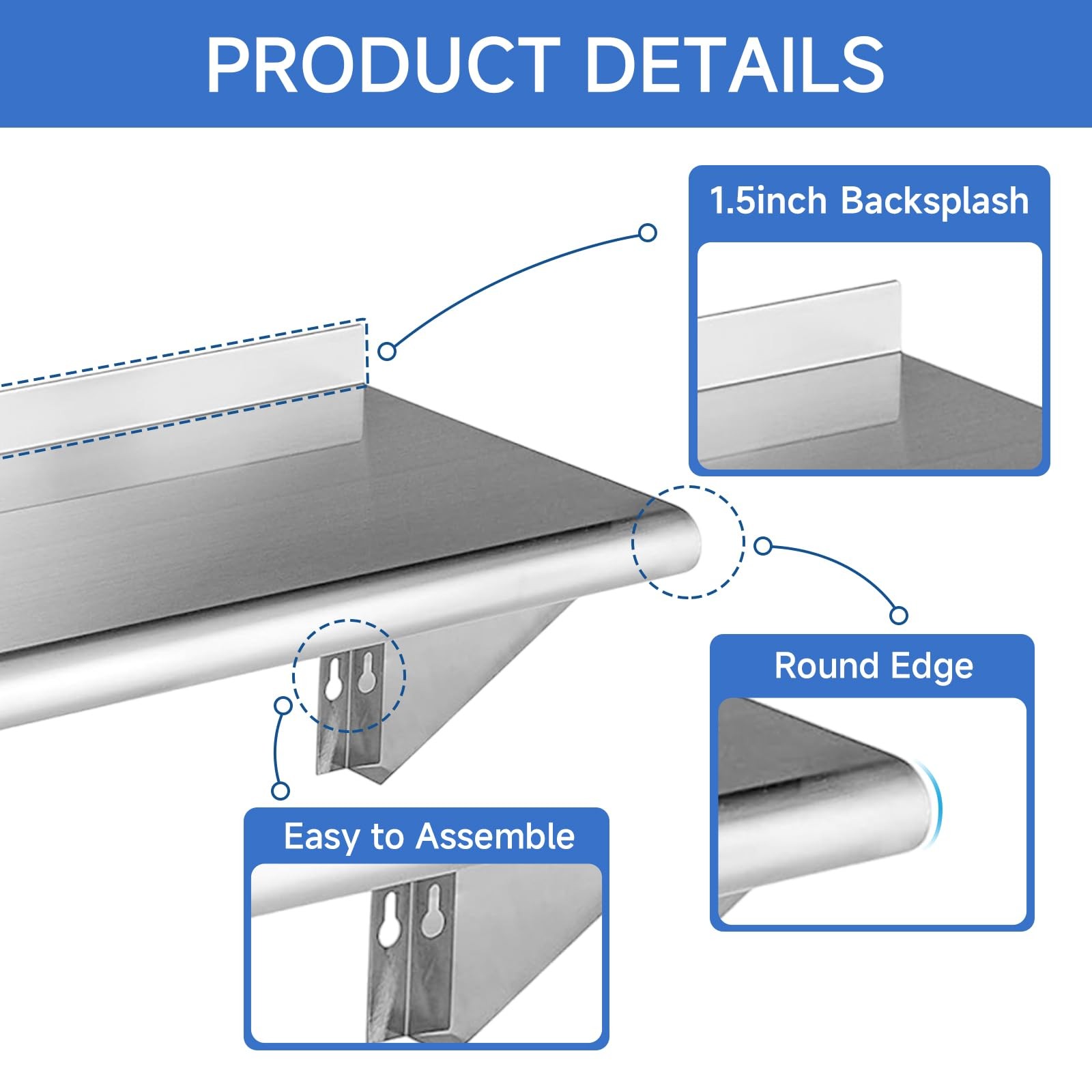 ROCKPOINT Stainless Steel Shelf 12 x 36 Inches 300lb, NSF 12″D x 36″W, Silver