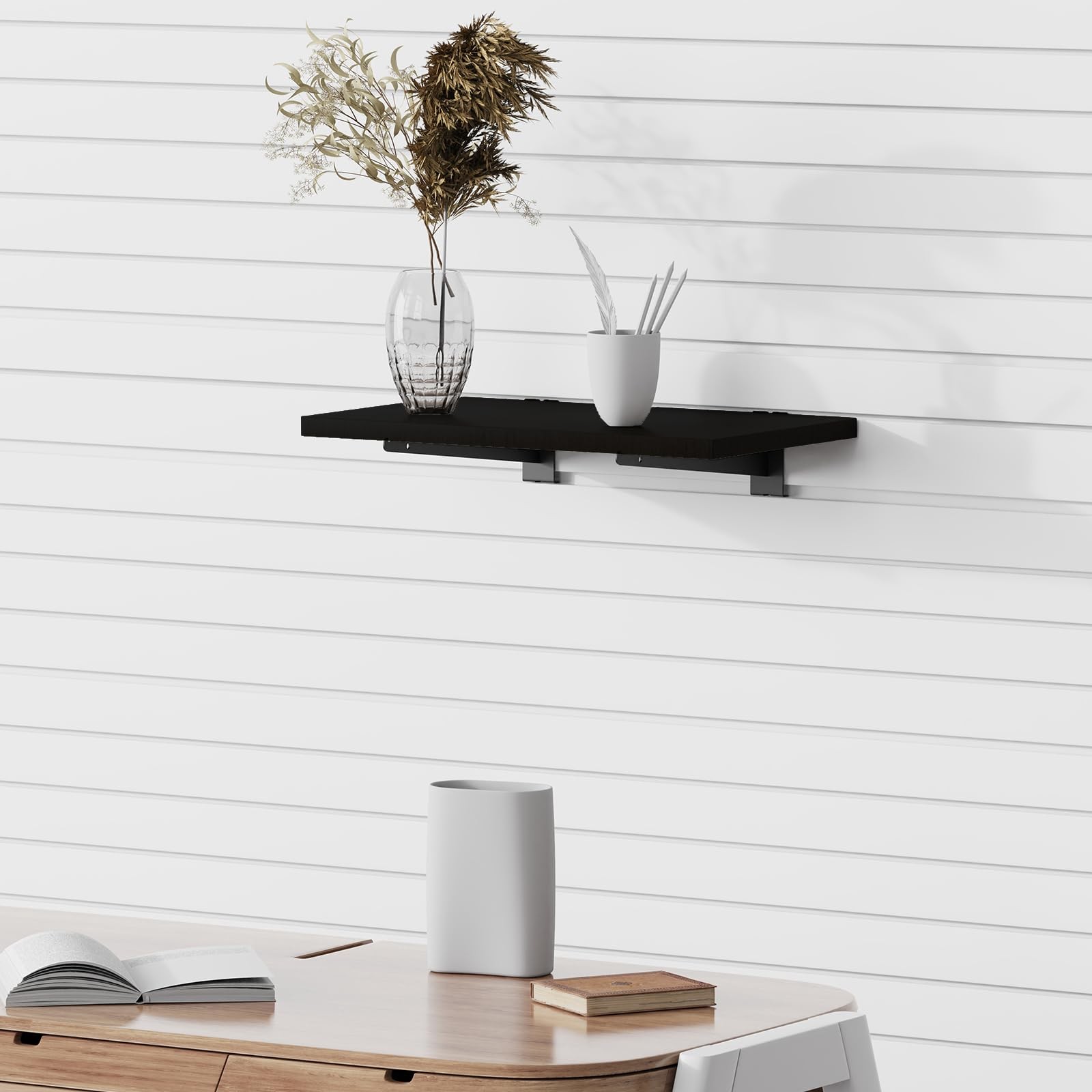 4 Pack Large Wooden Slatwall Shelf, 24 x 12 Inch Slatwall Shelves with Metal Bra
