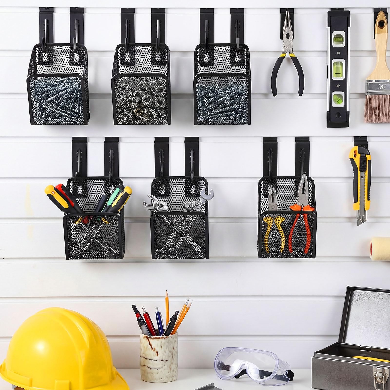 6 PCS Slatwall Bins Pencil Holder J Hooks Metal Wire Garage Wall Organizer