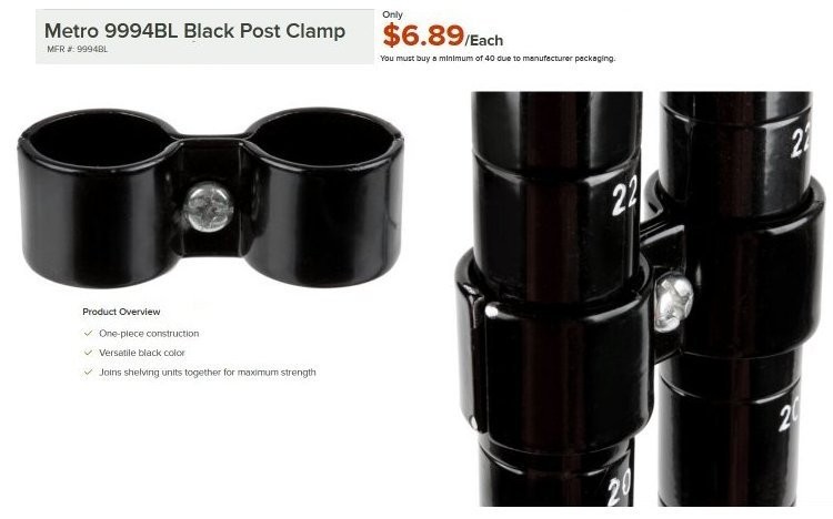 Metro 9994BL Post Clamp – 4 Sets/Pair – Black – For Wire Shelving