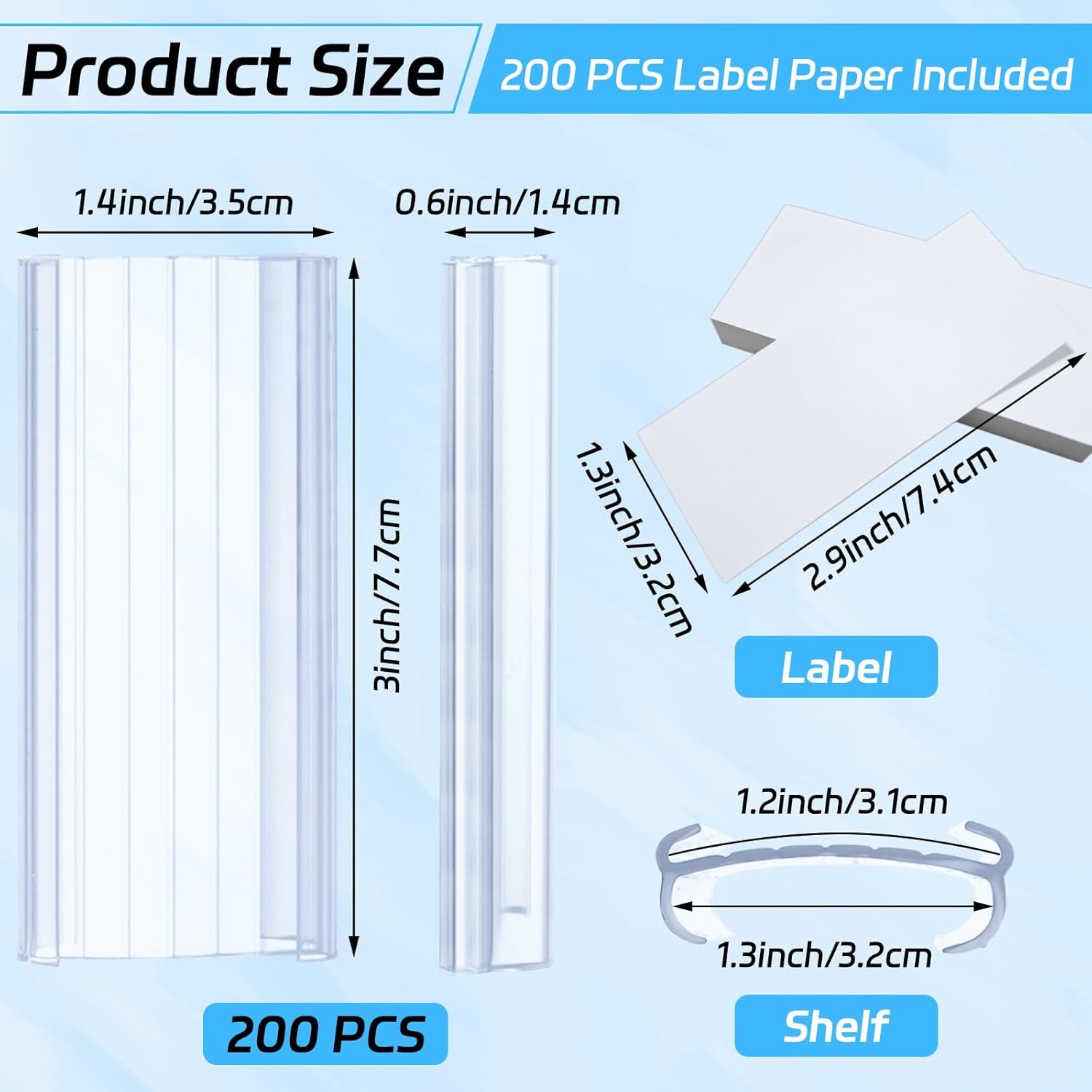 200 PCS Wire Shelf Label Holder W/ Label Paper Inserts Clear Metro Shelf Clips