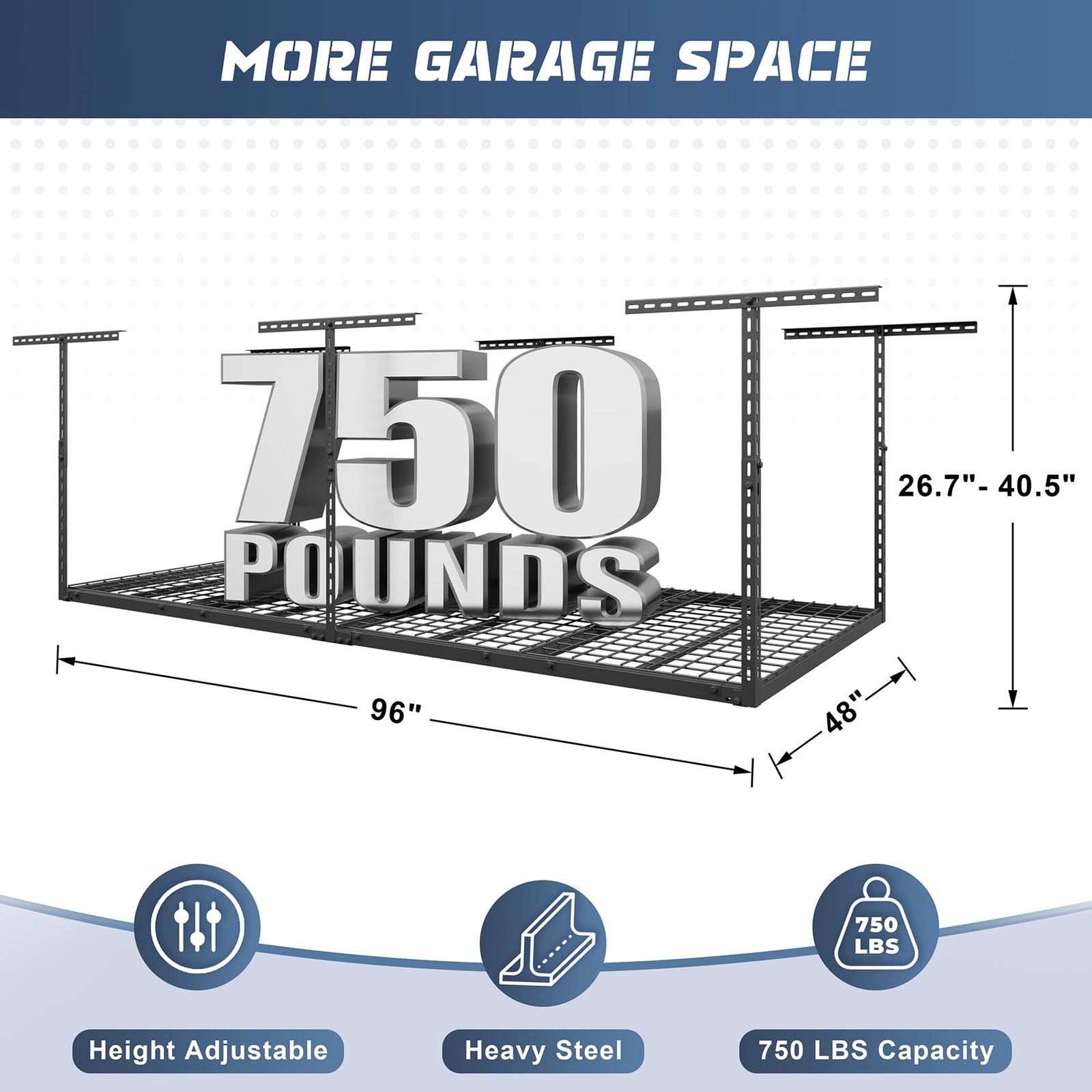 Jusgym 4X8FT Overhead Garage Storage Rack, 26″-40″ Height 4×8 ft, Black