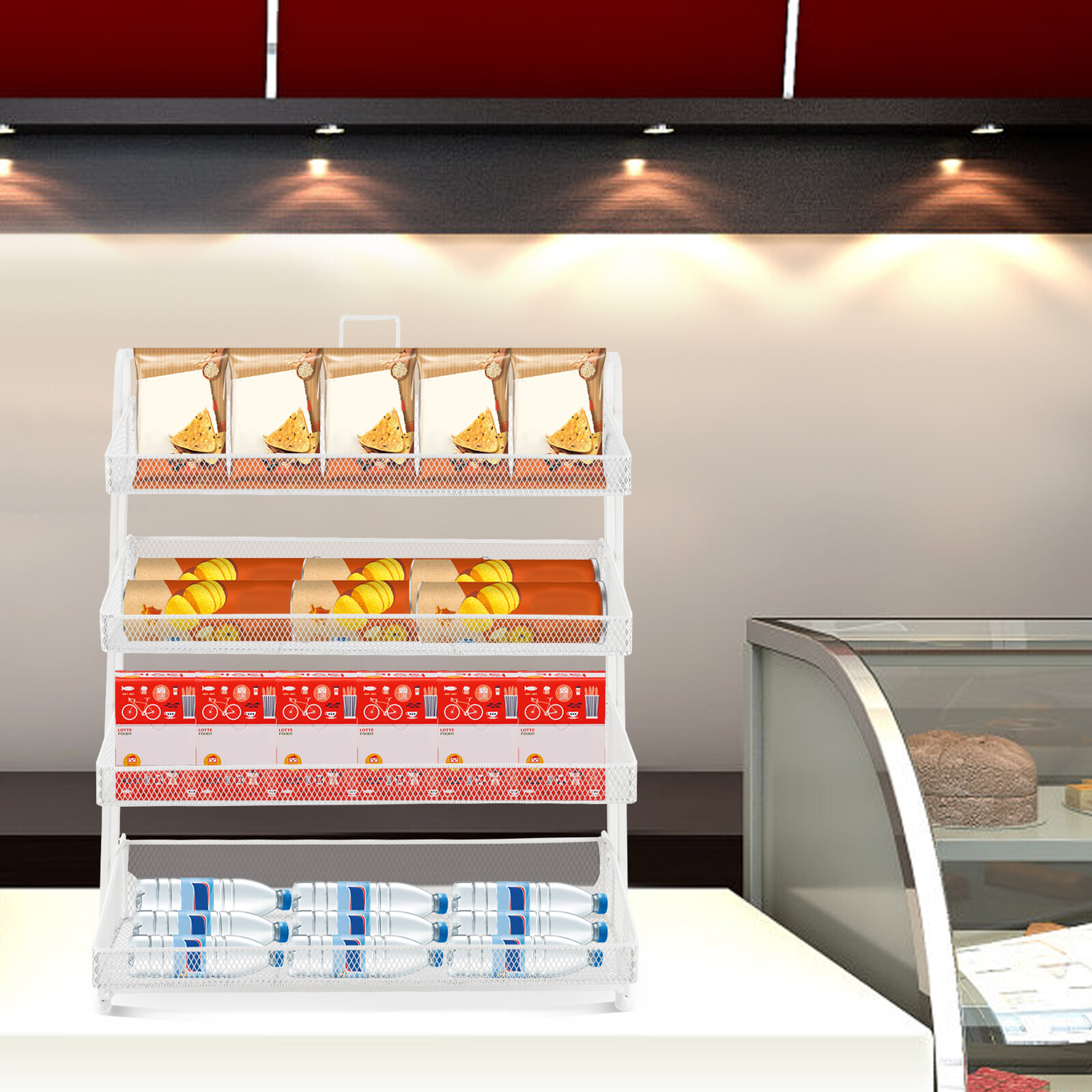 4 Tiers White Retail Store Candy Display Rack Shelving Snack Storage Organizers