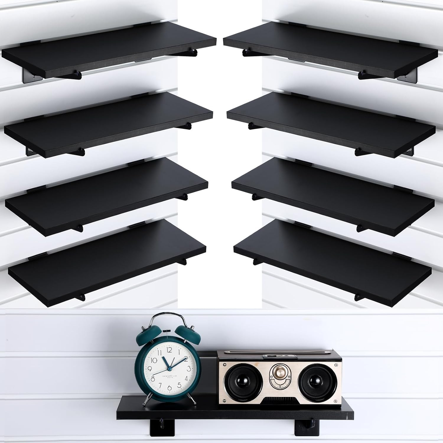 Beeveer 8 Pack Wooden Slatwall Shelf Set 15.7 × 5.9 Inch Black Slatwall Shelves