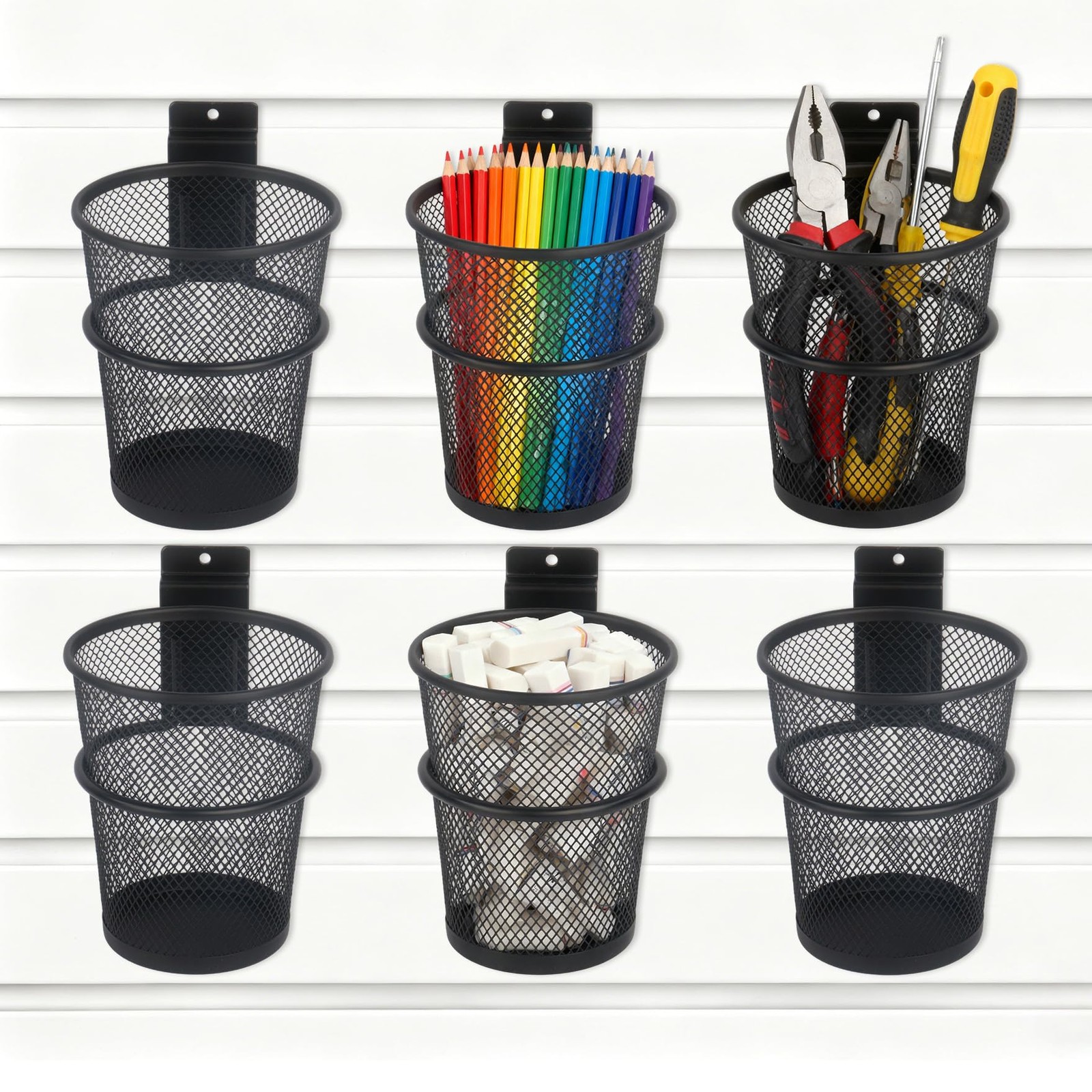 6 Set Slatwall Cups Hook Loops Metal Mesh Pencil Tool Holder Organizer Black