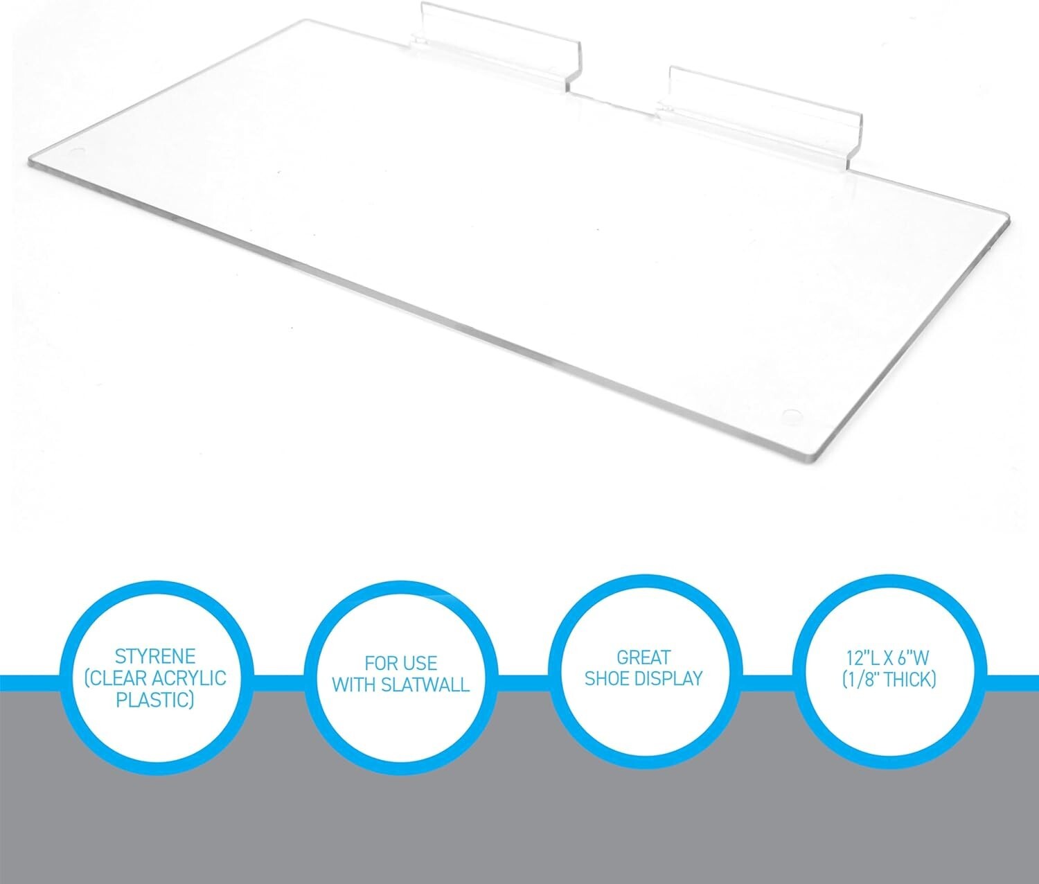 Lot of 12 Slatwall Shelves Shelf Shoe 12″ x 6″ Flat Styrene Clear Acrylic Slat