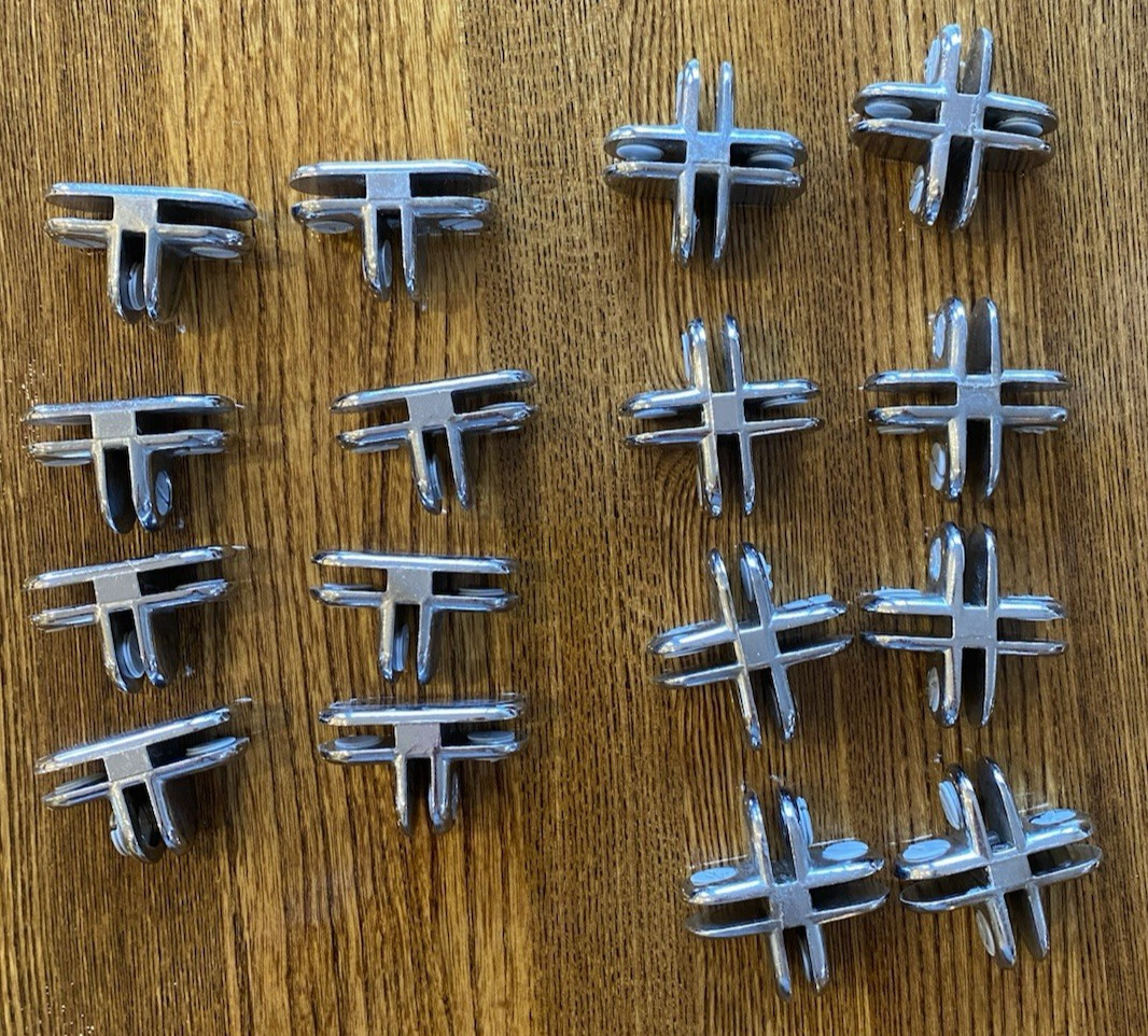 GLASS CUBE CONNETORS 16 TOTAL PIECES CHROME 8-3 WAY & 8- 4WAY FOR 3/16″ CLIPS